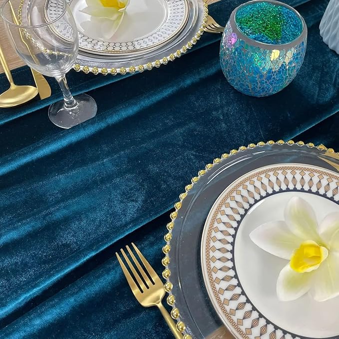 Luxurious Velvet Table Runner, 10ft Wedding Reception Decorations, 20x120inch Soft Velvet Fabric, Table Linen Overlay, Wedding Table Runners (Teal Blue, 20X120inch, 2pack)