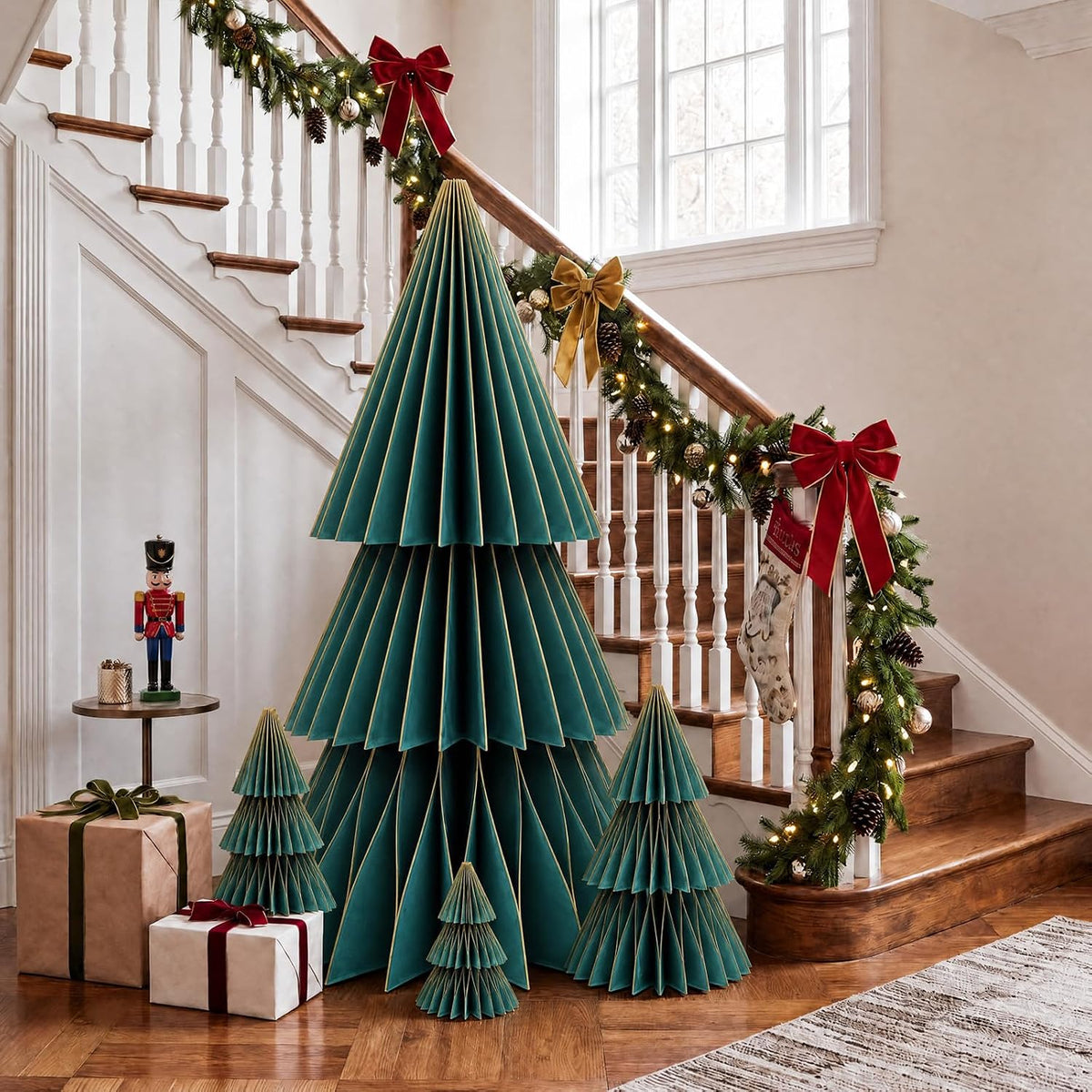 GlikCeil 4 Set Large Honeycomb Paper Christmas Tree Tall, Green
