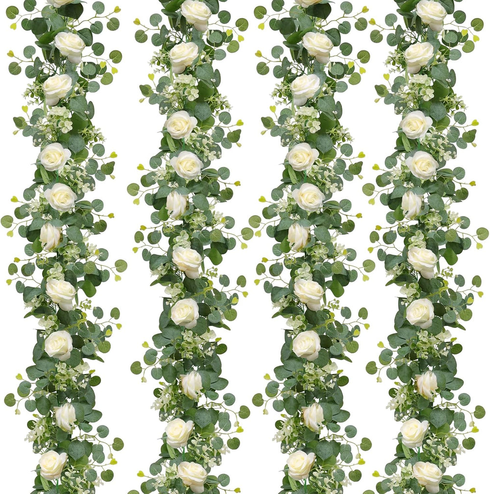 TOCHGREEN 4PCS Artificial Eucalyptus Flower Garland with White Rose Flowers