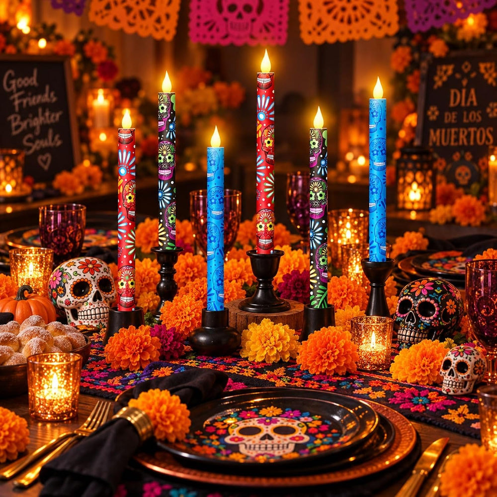 Honoson 6 Pcs Dia De Los Muertos Flameless Taper Candles, Battery Operated