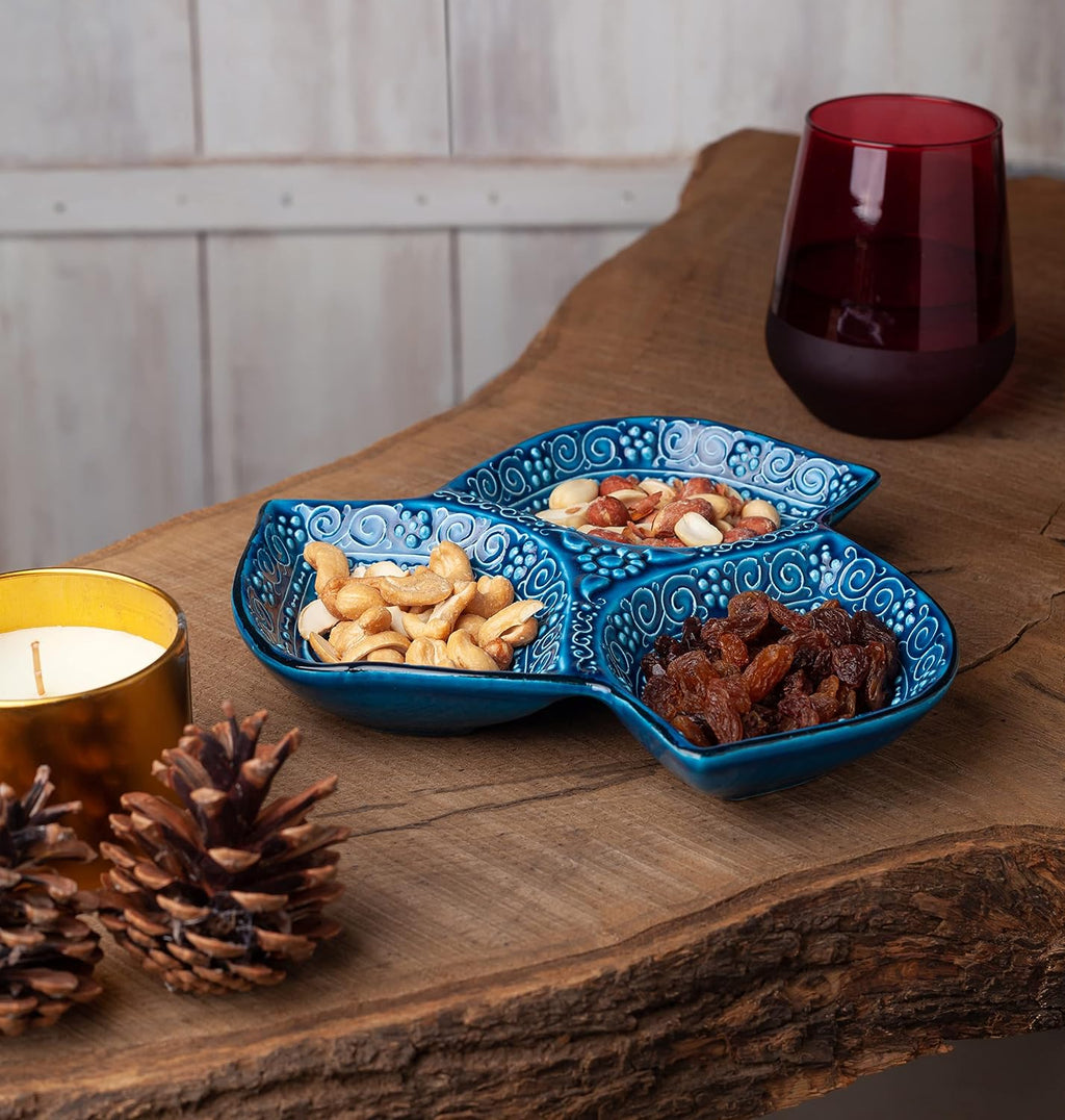 Leaf Ceramic Appetizer Plate, 3-Compartment Snack Tray, Blue Serving Tray