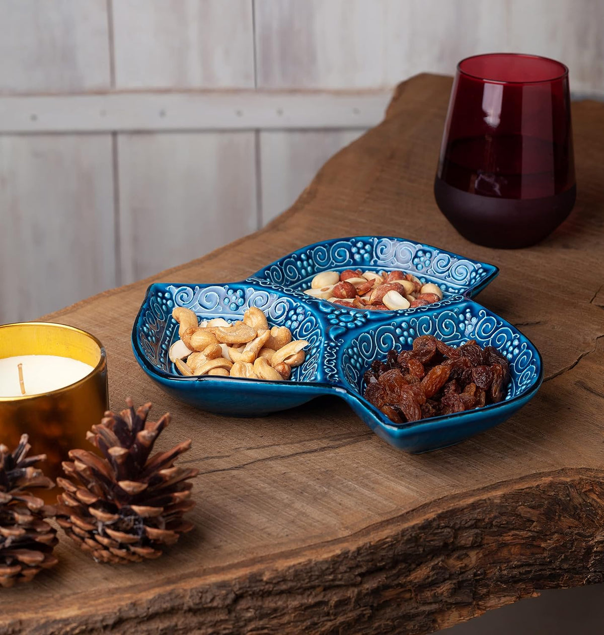 Leaf Ceramic Appetizer Plate, 3-Compartment Snack Tray, Blue Serving Tray