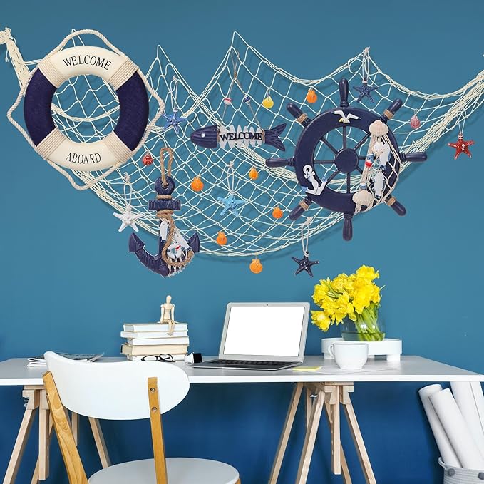 Marsui 11 Pcs Wooden Nautical Wall Decor Fishing Net Decoration, Include Decorative Fishing Net, Ship wheel, Fish Skeleton, Life Ring, Anchor, Starfish Beach Decor for Mediterranean Party (Khaki)