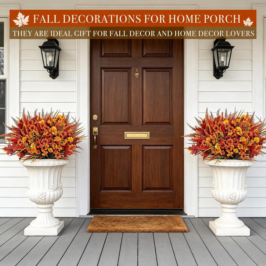 24 Bundles 6 Styles Artificial Fall Flowers Plants for Outdoors Fall Decor, Fake Faux Flower Autumn UV Resistant Orange Mums Maple Leaves Wheat Boston Fern Lavender for Thanksgiving Outside Porch Home