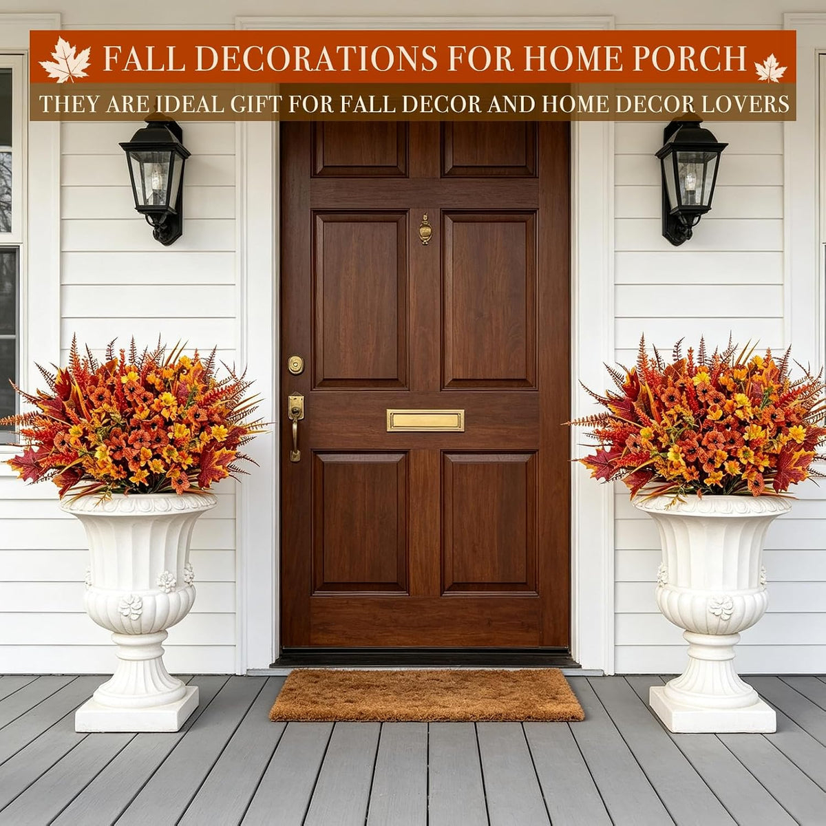 24 Bundles 6 Styles Artificial Fall Flowers Plants for Outdoors Fall Decor, Fake Faux Flower Autumn UV Resistant Orange Mums Maple Leaves Wheat Boston Fern Lavender for Thanksgiving Outside Porch Home