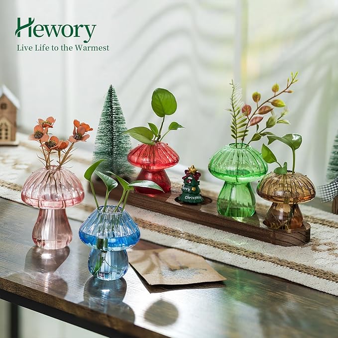 Glass Propagation Station for Plant: Mushroom Planter with Wooden Stand for Home Office Decor - Unique Propagation Jars for Plant Lovers - Set of 5 Hydroponic Mushroom Vases Gift for Mom