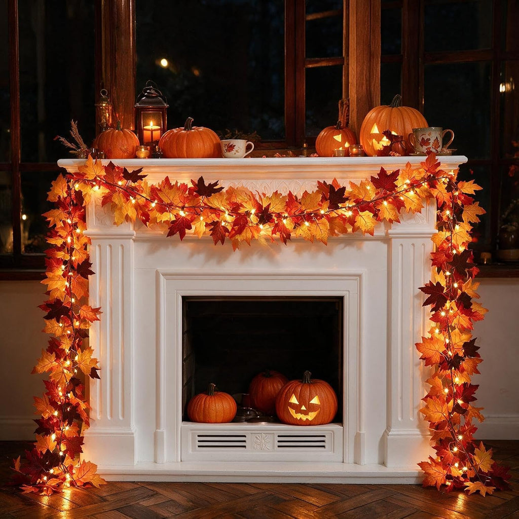 2 Pack 12Ft 50 LED Fall Garland with Lights,8 Modes Waterproof Battery Operated Fall Decorations Lights for Mantle Fireplace Table Indoor Thanksgiving Decor
