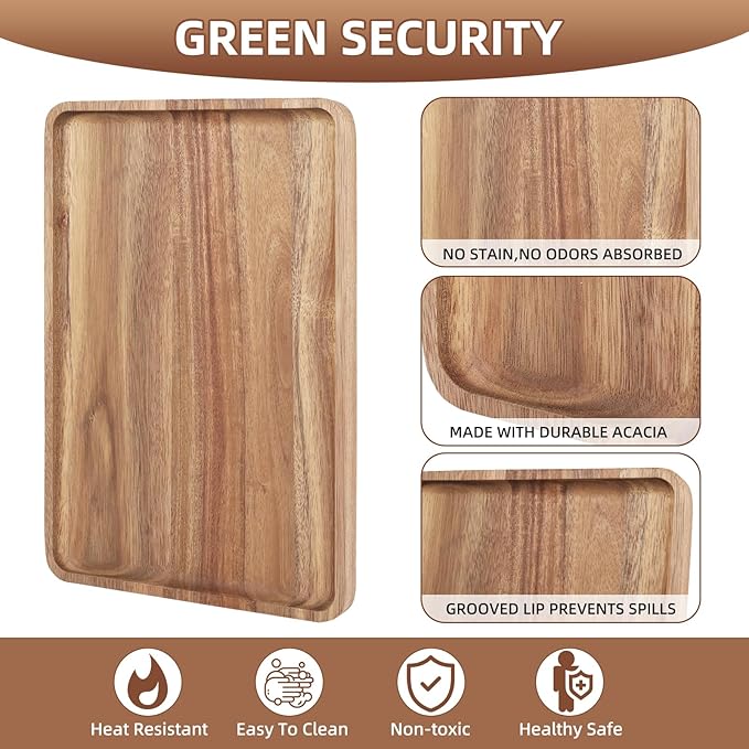 2 PCS Solid Acacia Wood Serving Trays 13 * 9 inch Rectangular Wooden Serving Platters Natural Wooden Boards for Bar Coffee Party（Wood Log Color）