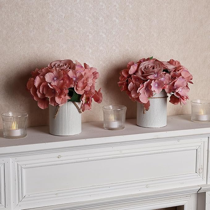 Flower Table Centerpieces - Set of 6 Floral Arrangement Artificial Wedding Hydrangeas Floral Arrangement with Rustic Metal Vase for Bridal Tea Party Event Decorations - Deep Pink