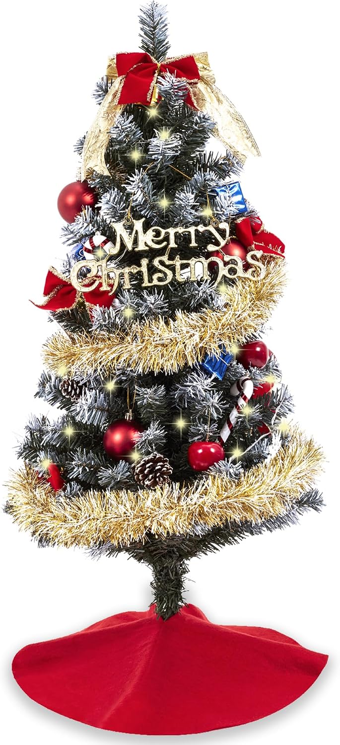 3ft Christmas Tree with Lights, Christmas 36inch Small Artificial Tabletop Tree, Xmas Desk Mini Tree with 50 LED Lights, Hanging Ornaments Decorations, Holiday Tree for Home Decor, Indoor, Office
