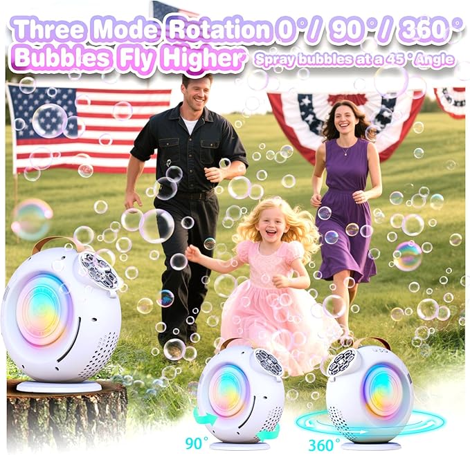Bubble Machine, Automatic Bubble Maker Rechargeable, 15000+ Big Bubbles per Min, Colorful LED Lights, 90° 360° Rotatable Portable Electric Bubbles Toy for Kids Toddlers, Outdoor Wedding Party Gifts