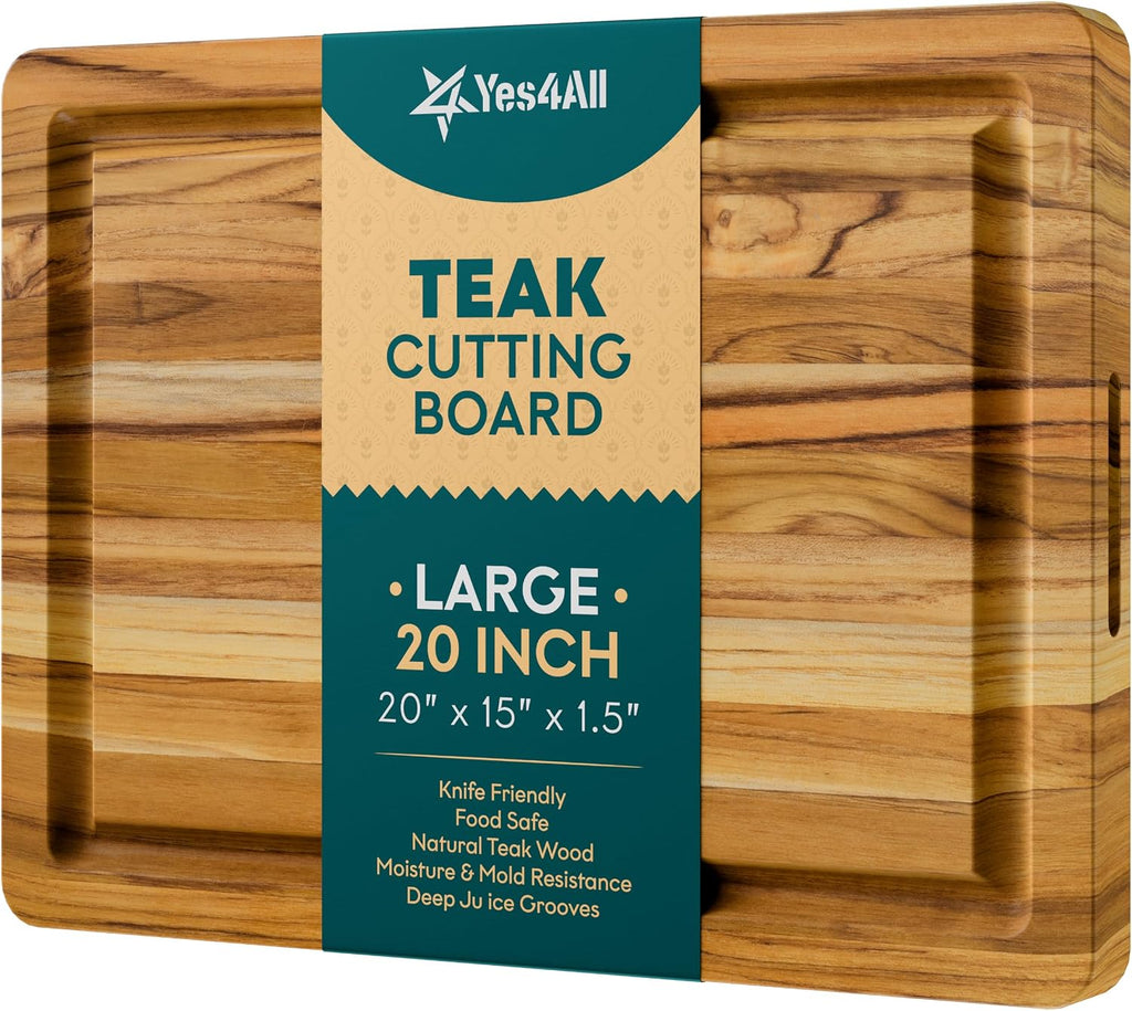 Yes4All Durable Teak Cutting Boards for Kitchen, [20''L x 15''W x 1.5” Thick] Large Edge Grain Cutting Board, Pre Oiled Wood Cutting Boards, Thick Chopping Board w/Juice Grooves and Easy Grip Handle