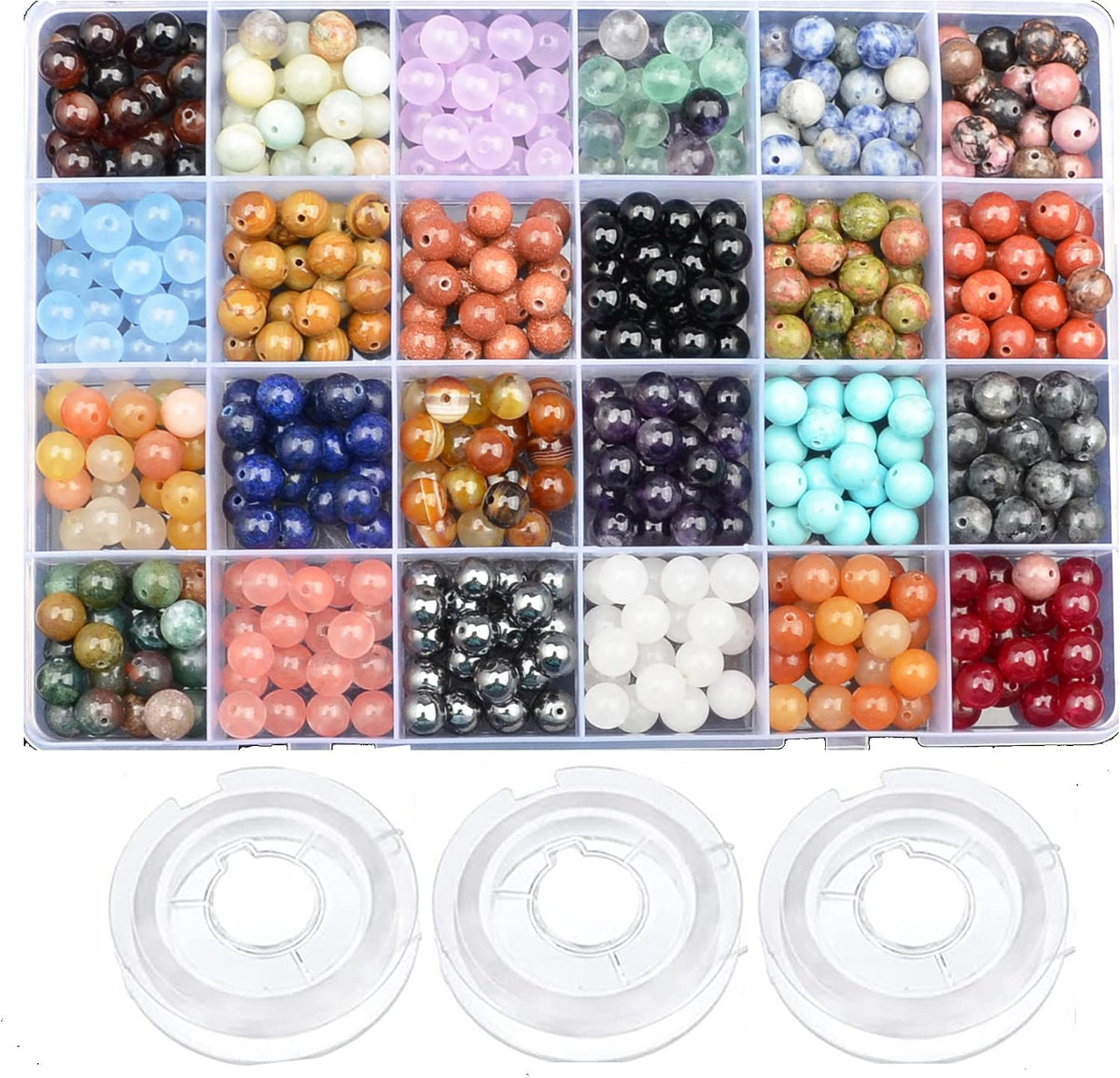 6mm Natural Mixed Materials Gemstones Beads Tiny Spacer Round Loose Beads Jewelry Making KIT with Thread 960 PCS(24 Natural, 6mm)