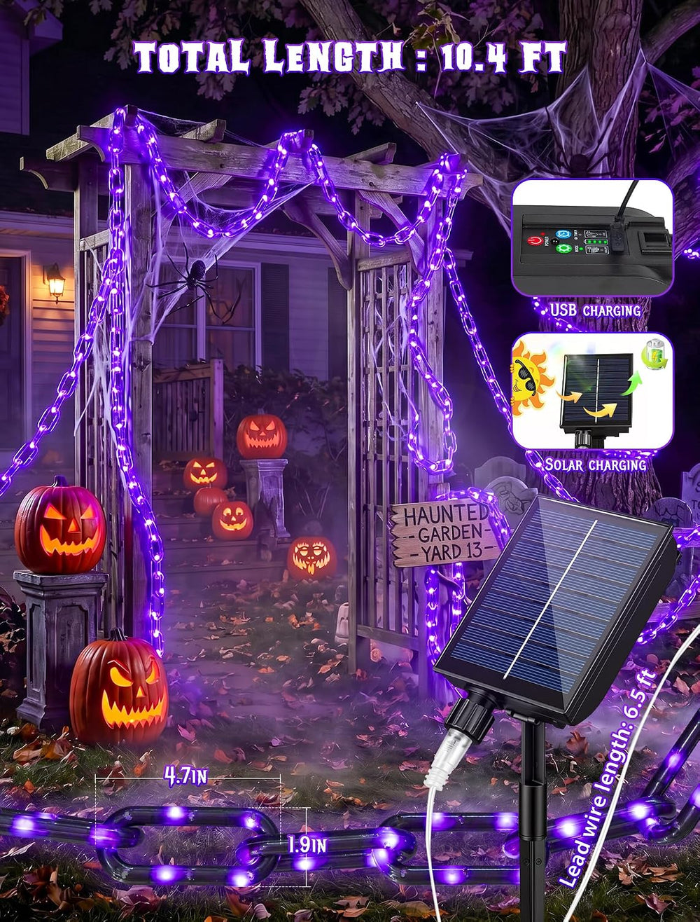 Solar Halloween Decorations Purple Plastic Chain Lights, 10.4 FT