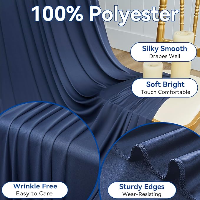 50×12ft Navy Blue Wrinkle Free Backdrop Curtain for Wedding Parties, 10 Panels 5×12ft Long Soft Silky Polyester Backdrop Drapes Photo Back Drop Curtains for Birthday Photography Background Cloth