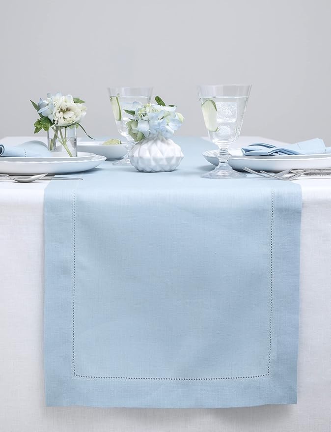 Solino Home Sky Blue Table Runner 90 Inches Long - 100% Pure Linen Hemstitch 14 x 90 Inch Table Runner for Dining, Holiday - Classic Hemstitch