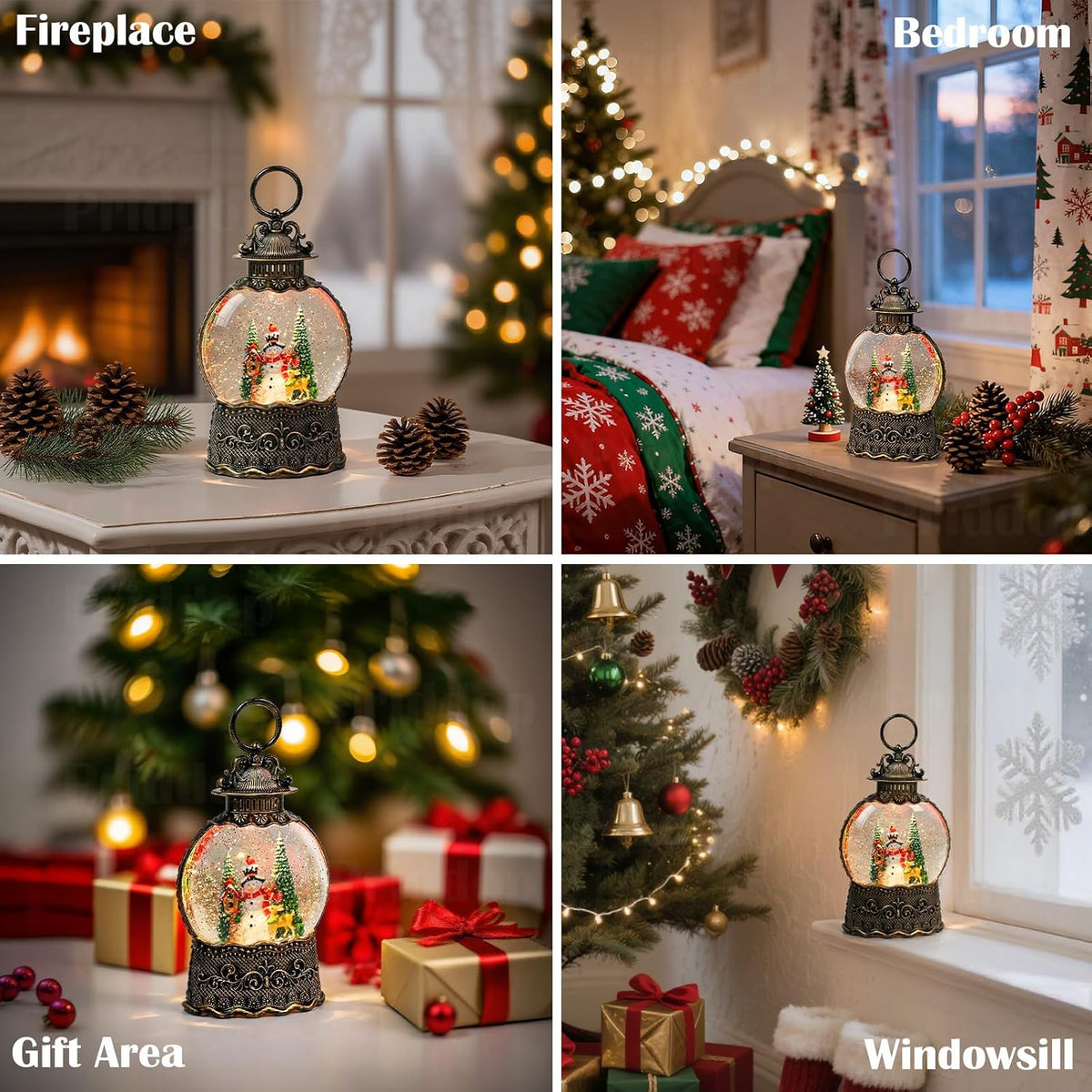 Priddop Snowman Snow Globe Christmas Decorations Indoor Deer Cardinal Snowman Gifts Classic Relief Texture Musical Glitter Snowfall USB/Battery Timer Lantern 10.6 inch