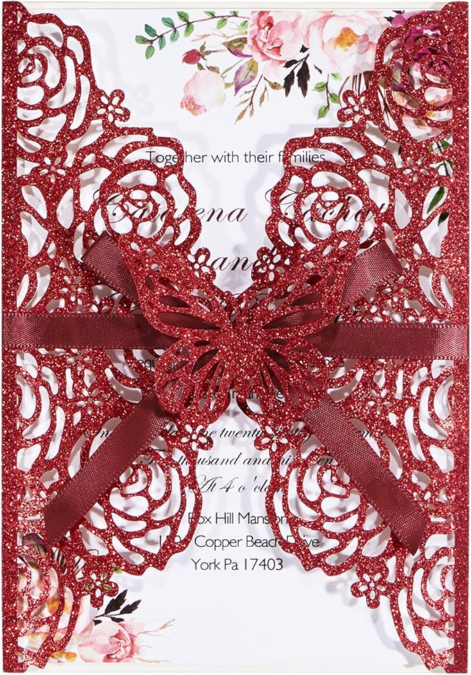 50pcs Burgundy Glitter Wedding Invitation Butterfly Rose Laser Cut Invitation Sleeve with Personalized Invitations Card, White Envelopes, for Wedding Bridal Shower Engagement (Default Blank Card)