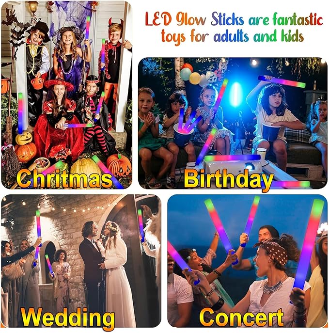 LifBetter Light Up Glow Sticks Bulk, LED Foam Sticks 112 pcs Glow in The Dark with 3 Modes Flashing Led Foam Multicolor Batons Light up Party Favors for Birthdays, Weddings, Concerts, Festivals (118 pcs)