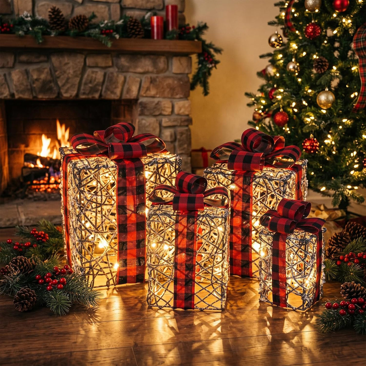 4 Pack Lighted Box Decorations Outdoor – Plug-in 40 LED Rattan Style with Red & Black Plaid Bows, 4 Sizes Set for Christmas Tree, Porch, Yard, Entryway, Holiday Display - Rattan