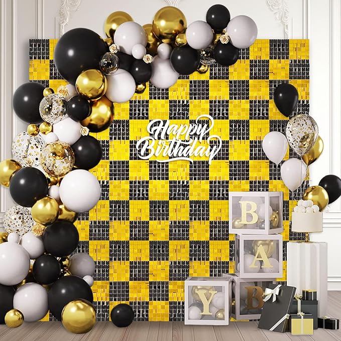 24PCS Black Gold Shimmer Wall Backdrop, Square Sequin Photo Backdrops Panel, Glitter Wall Background for Birthdays, Weddings, Christmas, Engagements, New Years Party Decor (4FTx6FT)