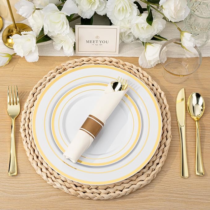 BESTVIP 700PCS Gold Plastic Dinnerware Set for 100 Guests, Disposable Plates for Party, Include: 200 Plastic Plates, 100 Pre Rolled Napkins with Gold Silverware, 100 Cups for Christmas, Halloween