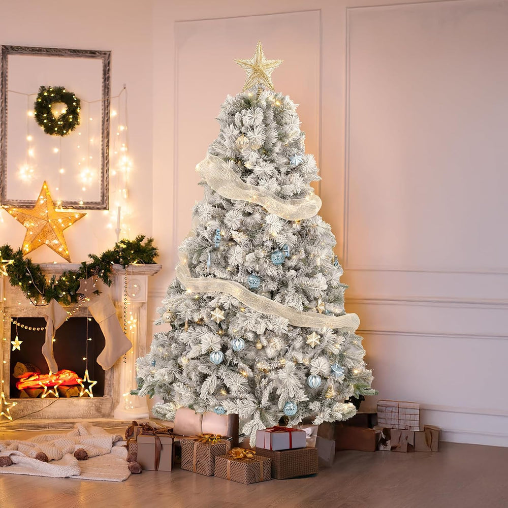 7ft Snow-Flocked Artificial Christmas Tree, LED pre-lit Holiday Xmas Tree for...
