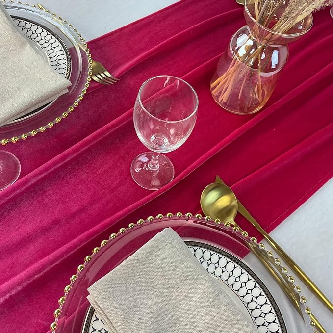 Velvet Table Runner, 10ft Luxurious Wedding Reception Decorations Soft Velvet Fabric Table Linen Overlay for Party (20 x 120 inch, Hot Pink)