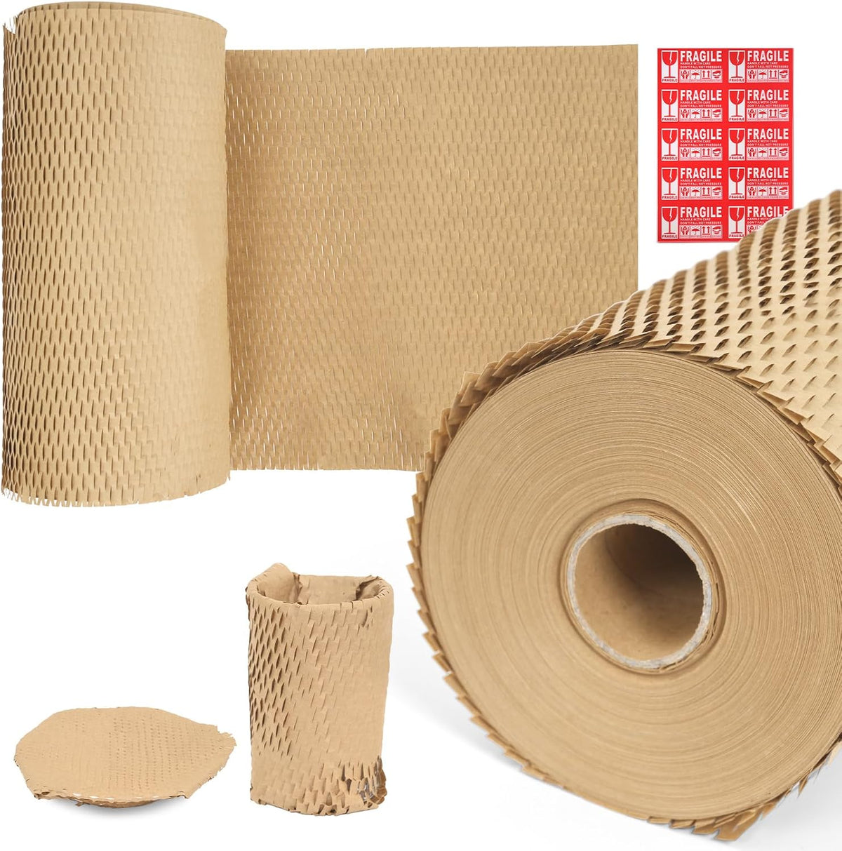 Brown Honeycomb Packing Paper 2 Rolls, 15 x 164 ft, 100 Fragile Labels