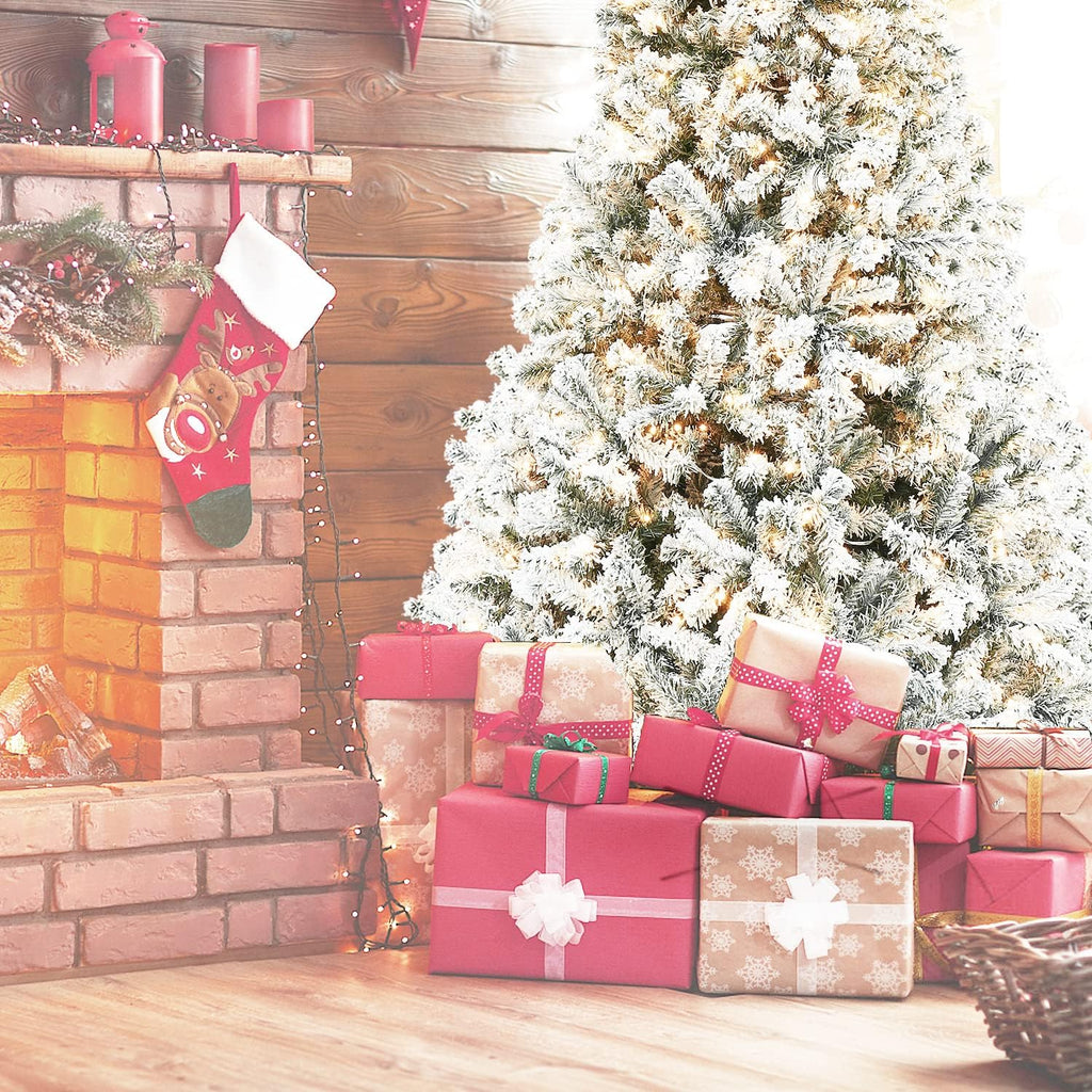 Okicoler 6.5ft Pre-Lit Snow Flocked Artificial Christmas Pine Tree with ELD Lights and Metal Base Stand for Home, Office, Party,Xmas Decoration,White (6.5ft)