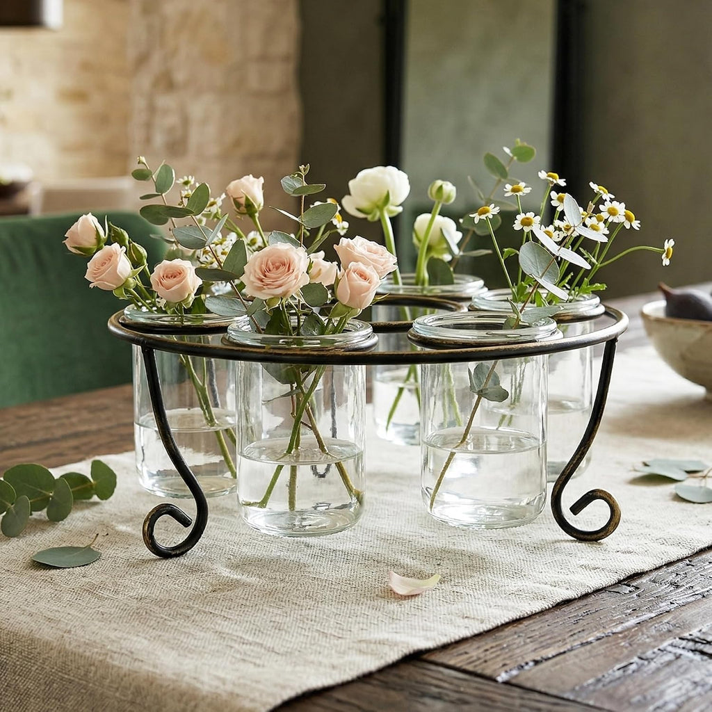seraphic centerpieces for tables, round dining room table, front angle view