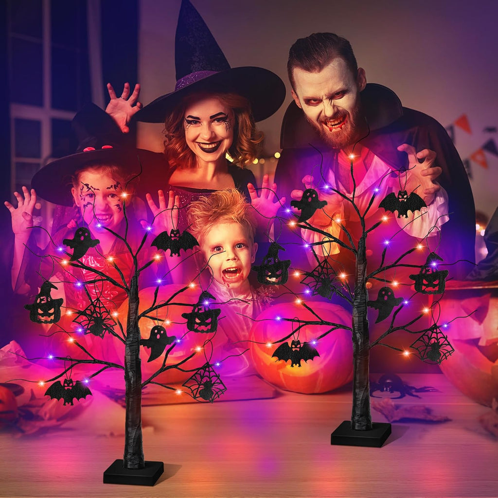 Halloween Decorations Indoor 2 Pack 24 Inch Black Halloween Tree with 24 LED Orange Purple Lights, USB/Battery Operated Halloween Table Decorations Tree Light with Timer, Scary Spooky Home Decor