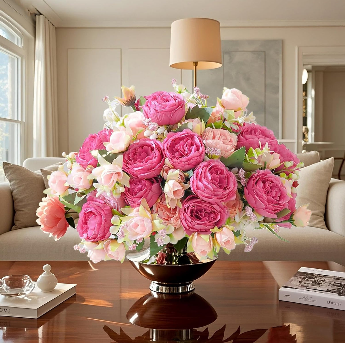 Pink Peonies Artificial Flowers 12 Bouquets,pink Flowers Lifelike Silk Fake Peonies with Stems for Home Table Centerpieces, Wedding, Party & DIY Bridal Floral Arrangements (12, Rose Red + Pink)