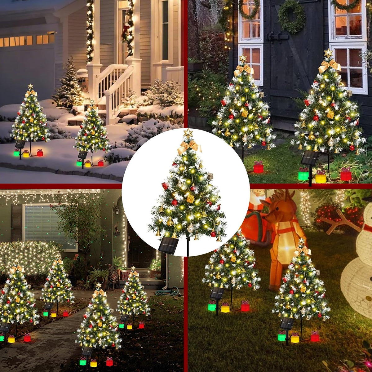 mini christmas tree solar lights, outdoor decorations, 4, front angle view