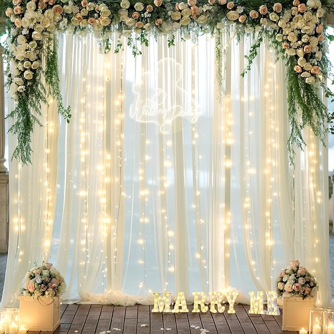 Ivory Sheer Backdrop Curtains with Lights String for Parites Wedding 10×8ft Tulle Backdrop Curtains for Baby Shower Birthday Party Photo Shoot Background Decorations