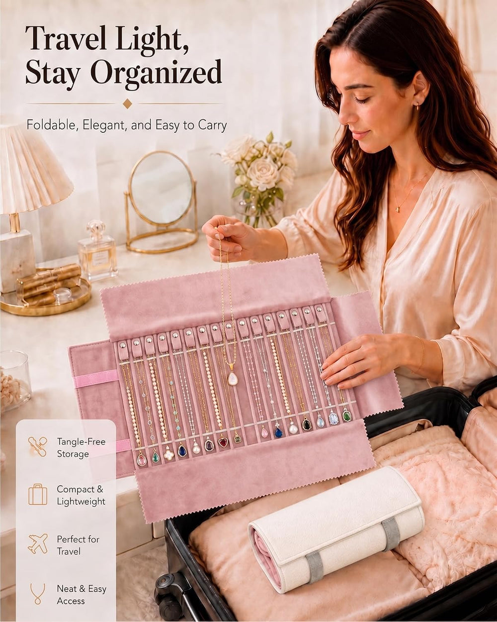Travel Necklace Organizer, Tangle Free Jewelry Case, 16 Slots