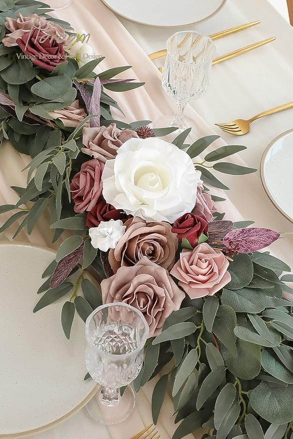 Floroom 6ft Artificial Eucalyptus Garland with Flowers Fake Greenery Faux Floral Vine Garland for Table Decor Wedding Centerpieces Bridal Shower Party Decorations, Dusty Rose & Mauve