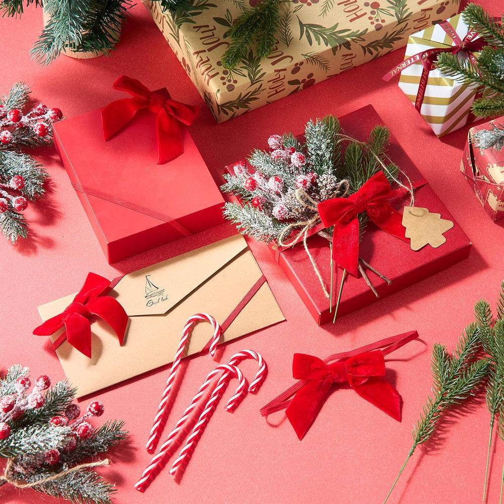 106 Pcs Christmas Elastic Bows for Gift Wrapping, Velvet, Red