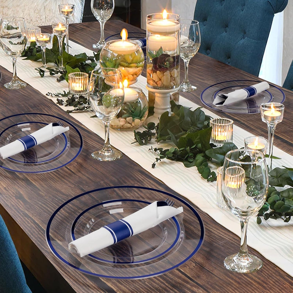350 Pcs Clear Blue Plastic Plates Disposable for Party 50 Guests