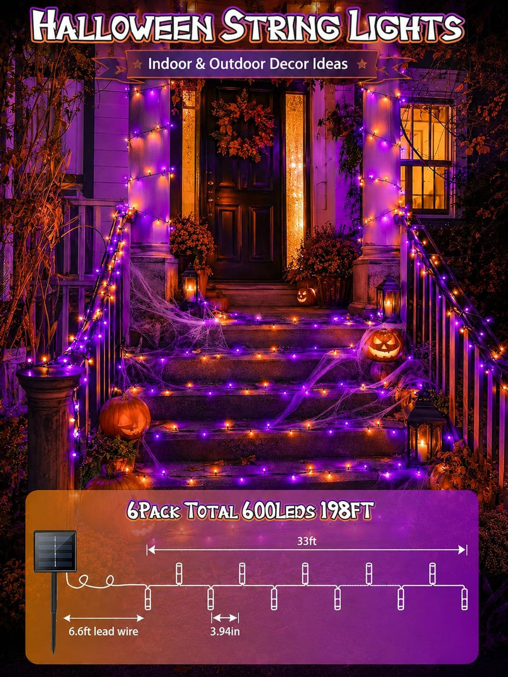 solar halloween lights outdoor, 188ft 600 led solar showing dimensions