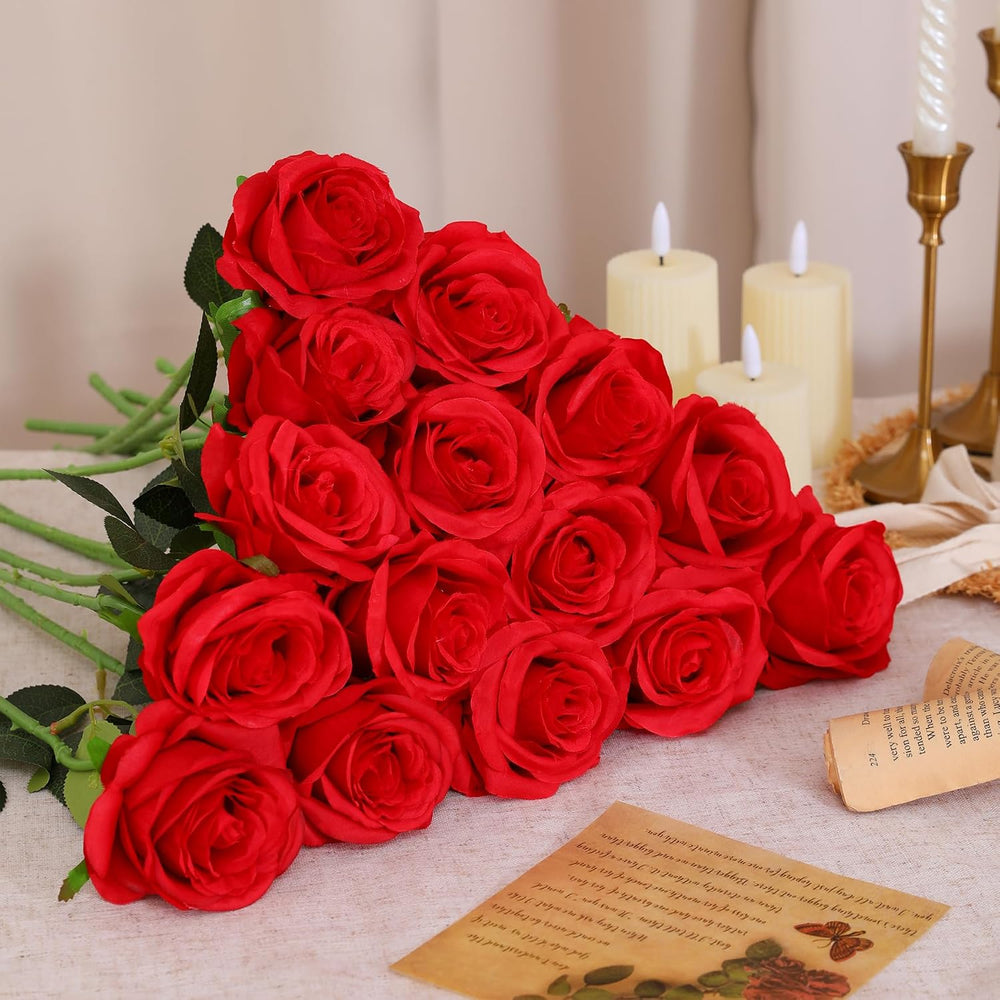 50pcs Fake Red Roses Bulk, Silk Roses Artificial Flowers with Long Stem