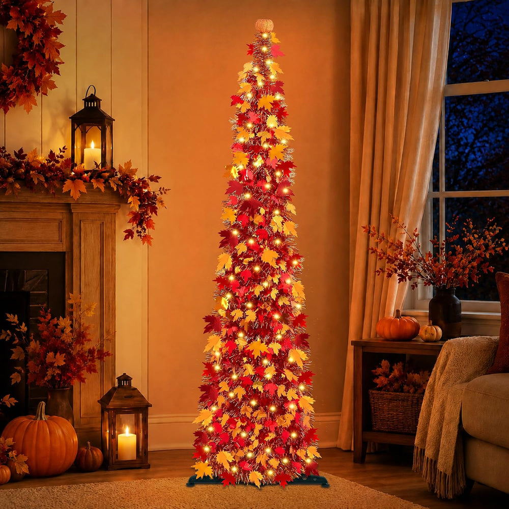 [Timer] 5FT Fall Tree with Lights, 50 LEDs Tinsel Maple Tree with Pumpkin Top...
