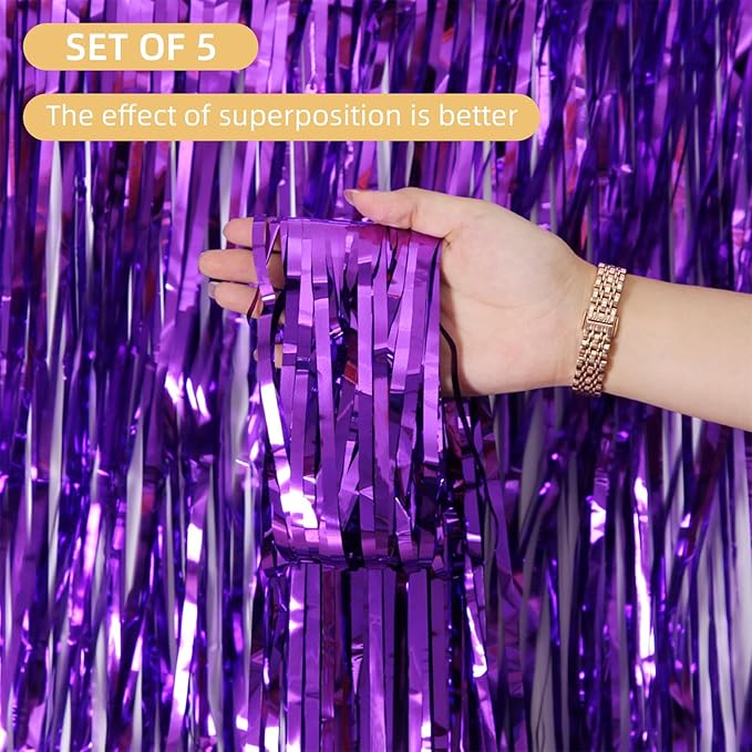 5 Pack Purple Fringe Backdrop 3.2ft x 8.2ft Foil Curtain Tinsel Foil Fringe Curtains Backdrop Tinsel Backdrop Streamers for Birthday Curtain Party Decoration Wedding Christmas Decoration (Purple)