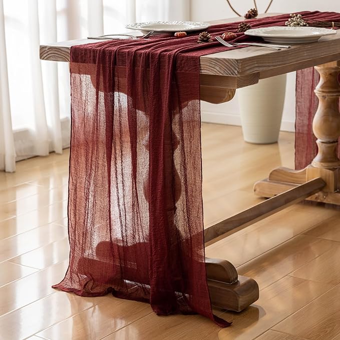 6pcs Burgundy Cheesecloth Table Runner Gauze 120 Inch 10 FT Rustic Boho Cheese Cloth Runner for Wedding Baby Shower Bridal Shower Engagement Birthday Party Long Sheer Home Decorations