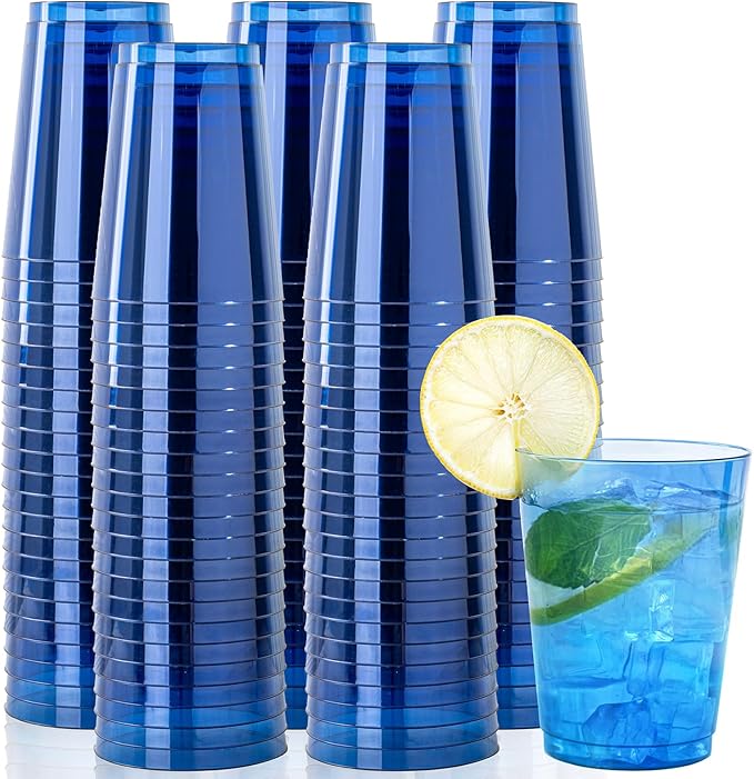 DaYammi 100 Pack Clear Blue Plastic Cups 10 Oz, Blue Cups for Party Disposable Wine Glasses Heavy Duty Disposable Tumblers Drinking Cocktail Glasses for Wedding