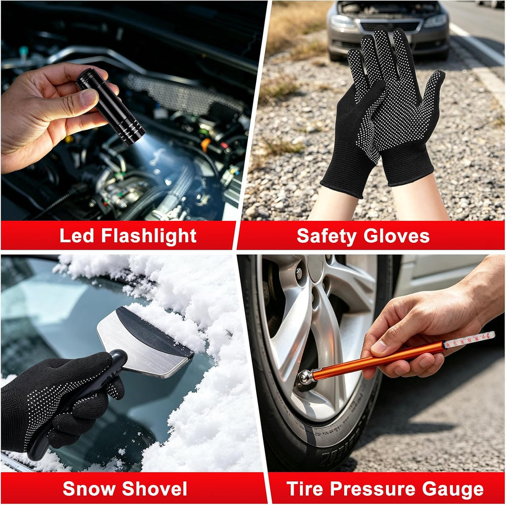 Car Roadside Emergency Kit with Jumper Cables, Shovel, 10-in-1 Tool Set