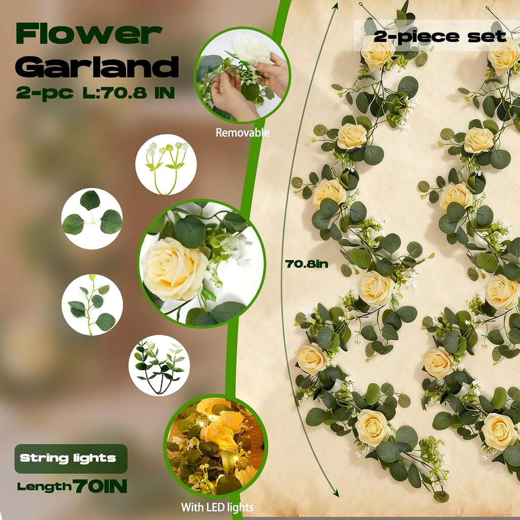 4 Pack 5.9 FT Artificial Flower Garland with Lights, Fake Floral Garland with 24 Champagne Roses, Flower Decorations for Arch Table Centerpieces Backdrop Party Home Wedding Decorations