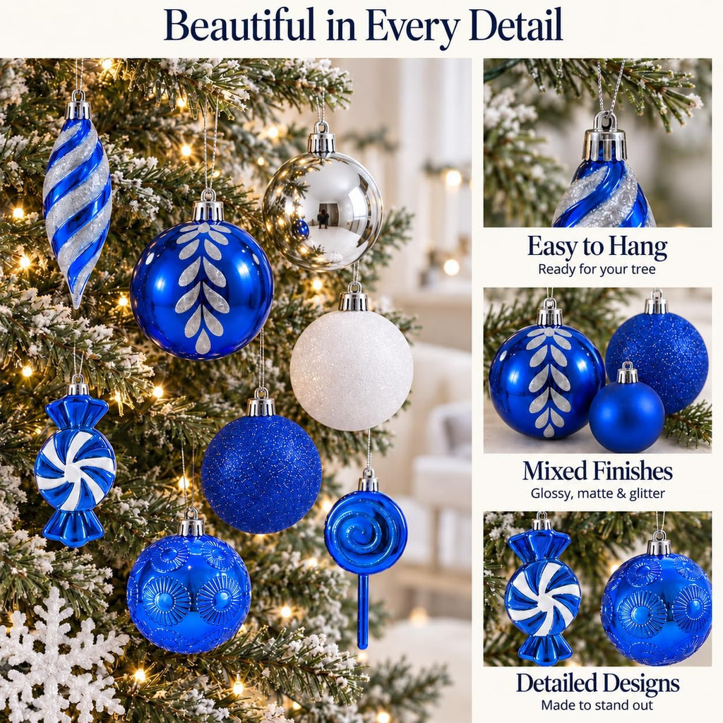 blue, silver & white christmas ball ornaments, shatterproof, side view