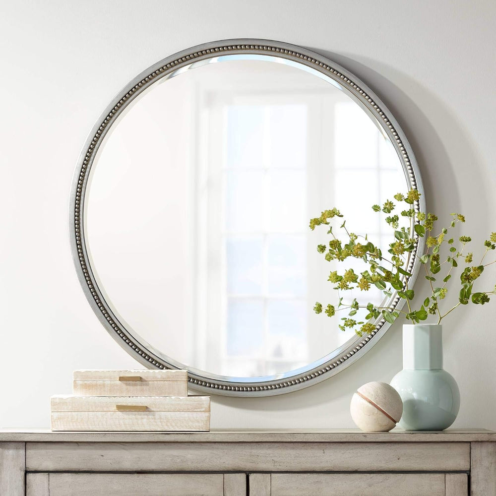 Lorraine Modern Round Vanity Decorative Wall Mirror Silver Beaded Trim Surrou...