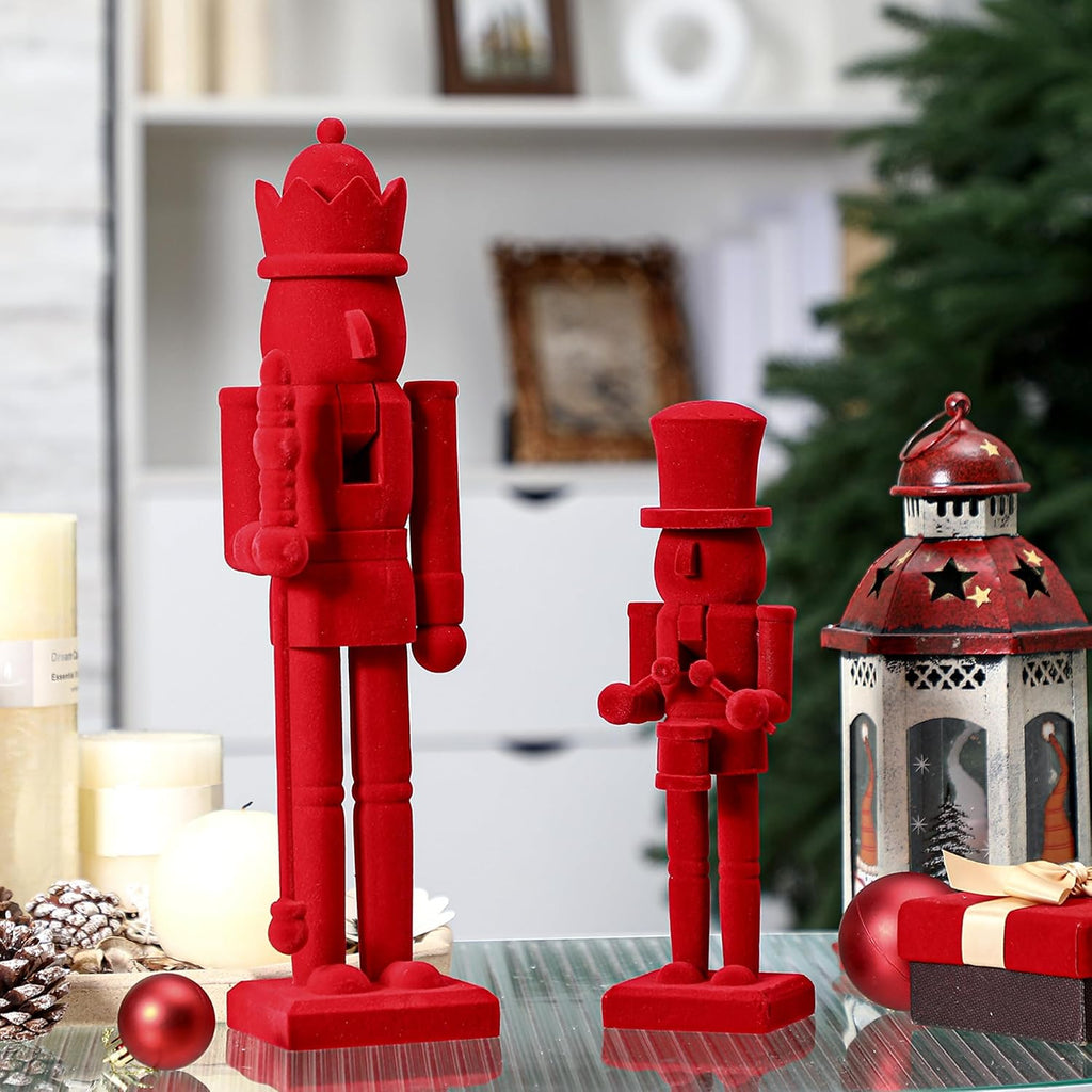2pc Christmas Nutcracker Figures, Red, Wooden+Velvet